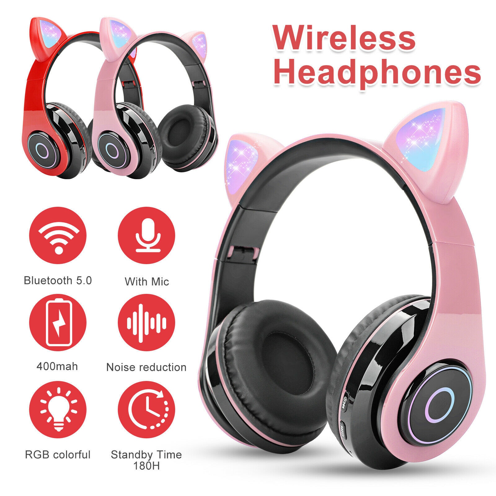 Bluetooth 5.0 Draadloze Koptelefoon 3.5Mm Wired Kat Konijn Oor Headset Led Mic Hoofdtelefoon Voor Kinderen Meisjes Telefoon Muziek Headset leuke
