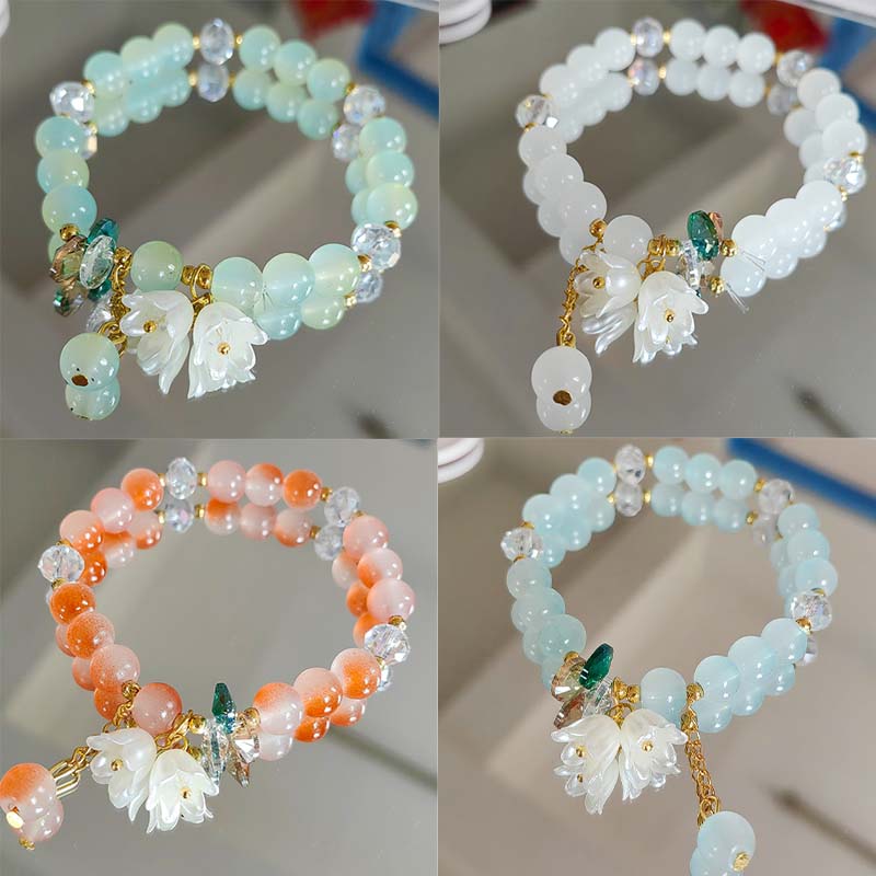Bonita pulsera de cuentas de cristal verde para mujer, pulsera elástica ajustable con dije de flor de Lily Valley, joyería de cumpleaños y boda