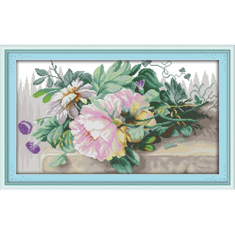 Bloemen Gestempeld Borduurpakketten Vreugde Zondag Kleurrijke Rose Gedrukt 11CT 14CT Telpatroon Borduurwerk Handwerken Sets: H741 / 14CT White Cloth