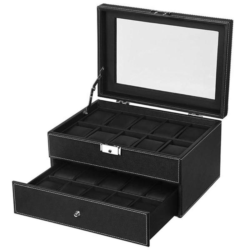 Watch Box 20 Mens Case Glass Top Display Organizer Lockable Black Home Storage ANd Organization