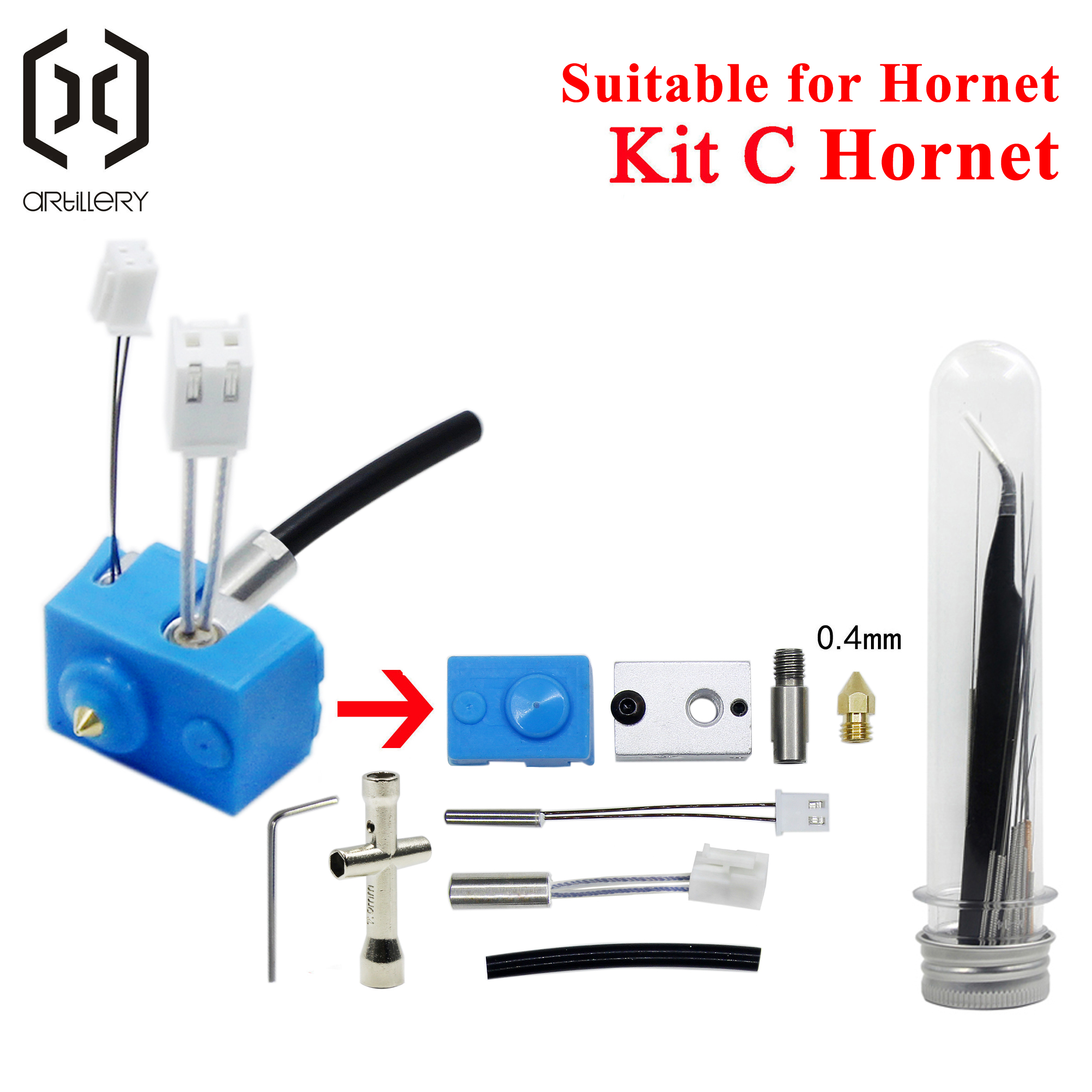 The 3D printer Artillery Extruder Hornet silicone nozzle kit heating block throat heat pipe and thermistor idler arm support: Kit C Hornet