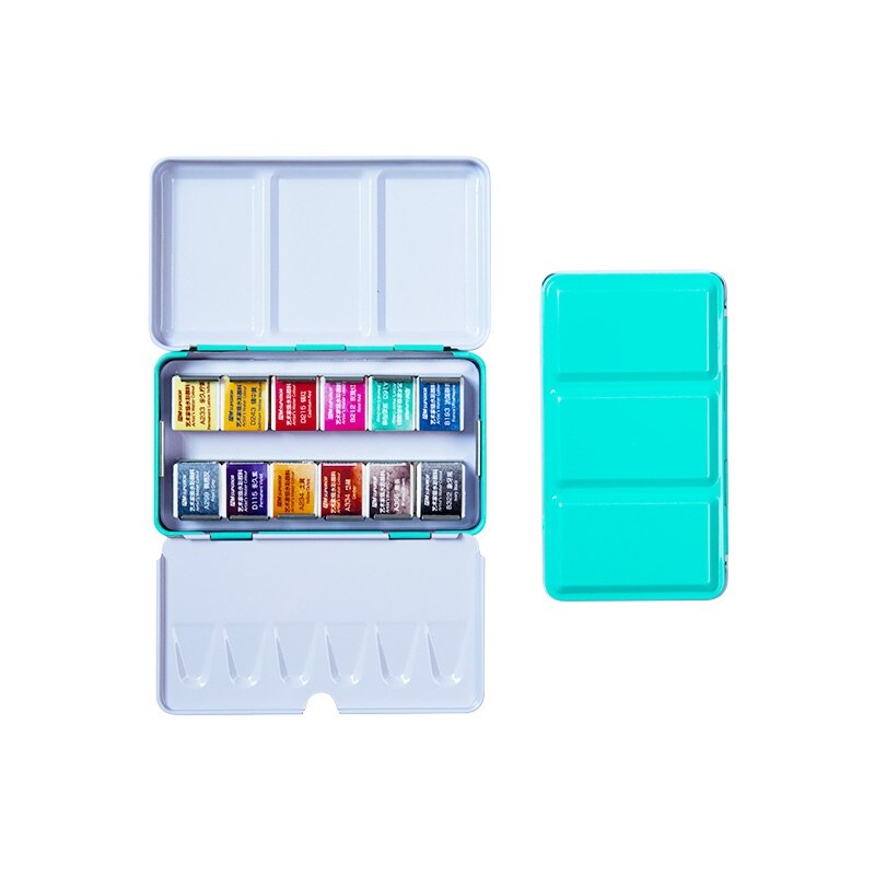 Conjunto de pinturas de acuarela sólidas, caja de lata de pigmento de color agua para suministros de arte, 12/24/36/48 colores: 12 colors blue