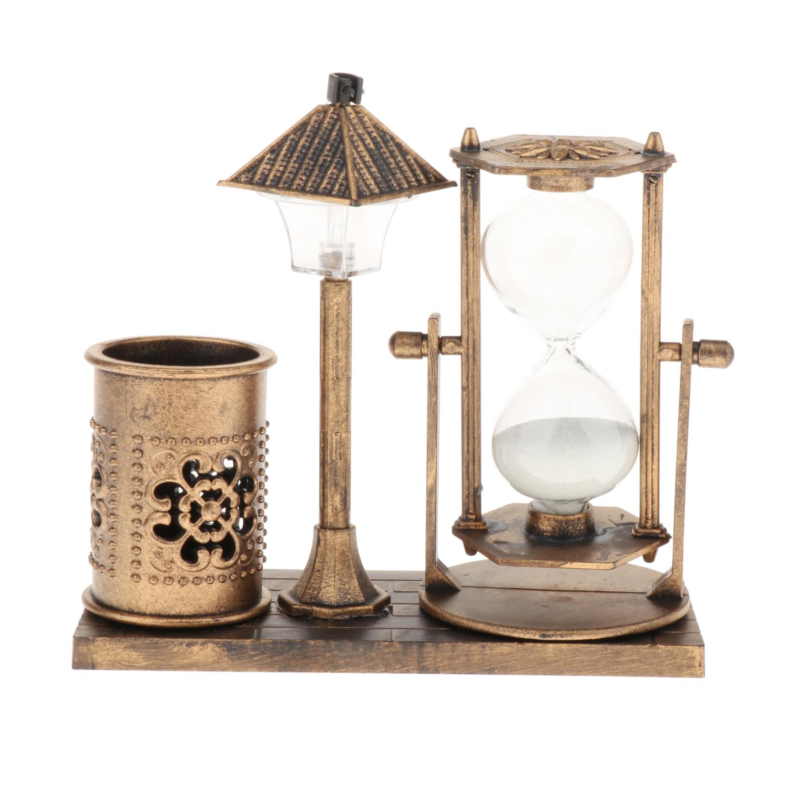 Retro Unique Hourglass Pen Holder with Built-in Light Crafts Glass Sand Timer Ornament for Home Office Decor --14x15.5cm