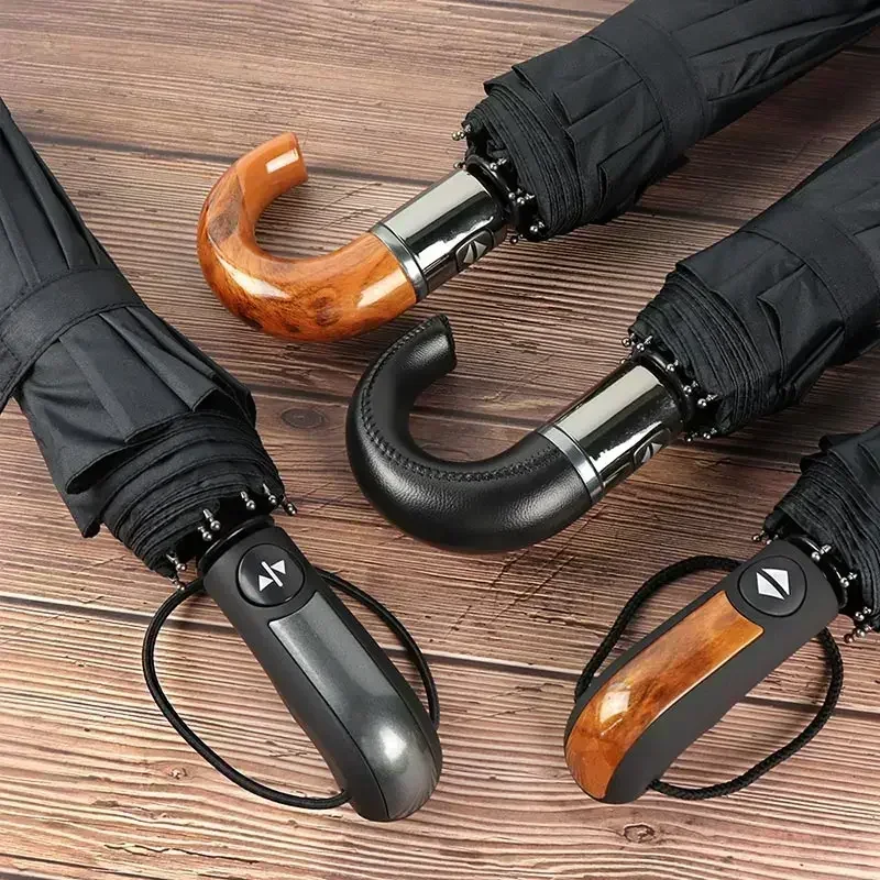 British Leather Handle Umbrella Men Automatic Business 10Ribs Strong Windproof 3 Folding Big Umbrella Rain Woman Parasol