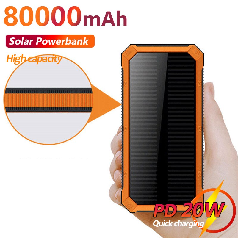 80000Mahsolar Opladen Power Bank Snel Opladen Externe Batterij Oplader Outdoor Waterdichte Power Bank