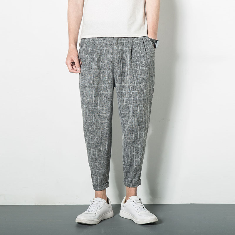 Japanischen Jahrgang Leinen Plaid Tasche Breite Quer verlieren Gabelung Hiphop Harem Jogger Streetwear Knöchel-Länge Schlauch Plus Größe Koreanische