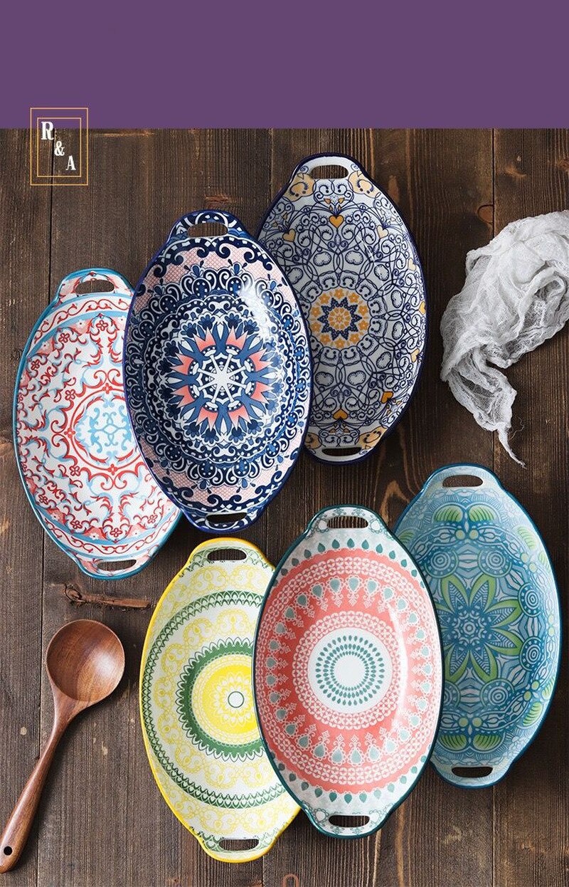 Bandeja de cerámica para hornear queso al horno, bandeja de pescado a la parrilla, plato Binaural, cuenco para hornear, horno microondas, Hotel especial, Comercial