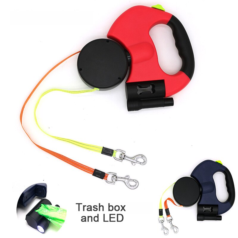 Guinzaglio a doppia corda per cani con luce retrattile doppia cinghia per trazione per animali domestici rotazione portatile fornitura di corda per animali domestici per 2 cani che camminano
