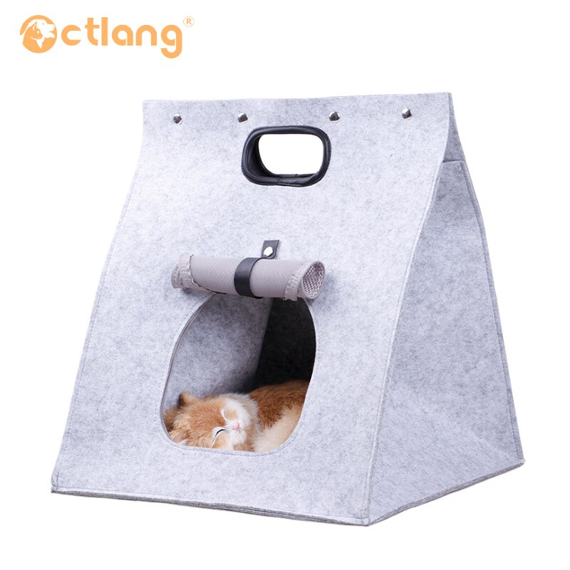 Botique-Pet Cat Carrier, Folding Portable Wool Felt Cave Bed Travel Bag For Cat Puppy 3 In 1 Multifunctional Nest Felt Walking