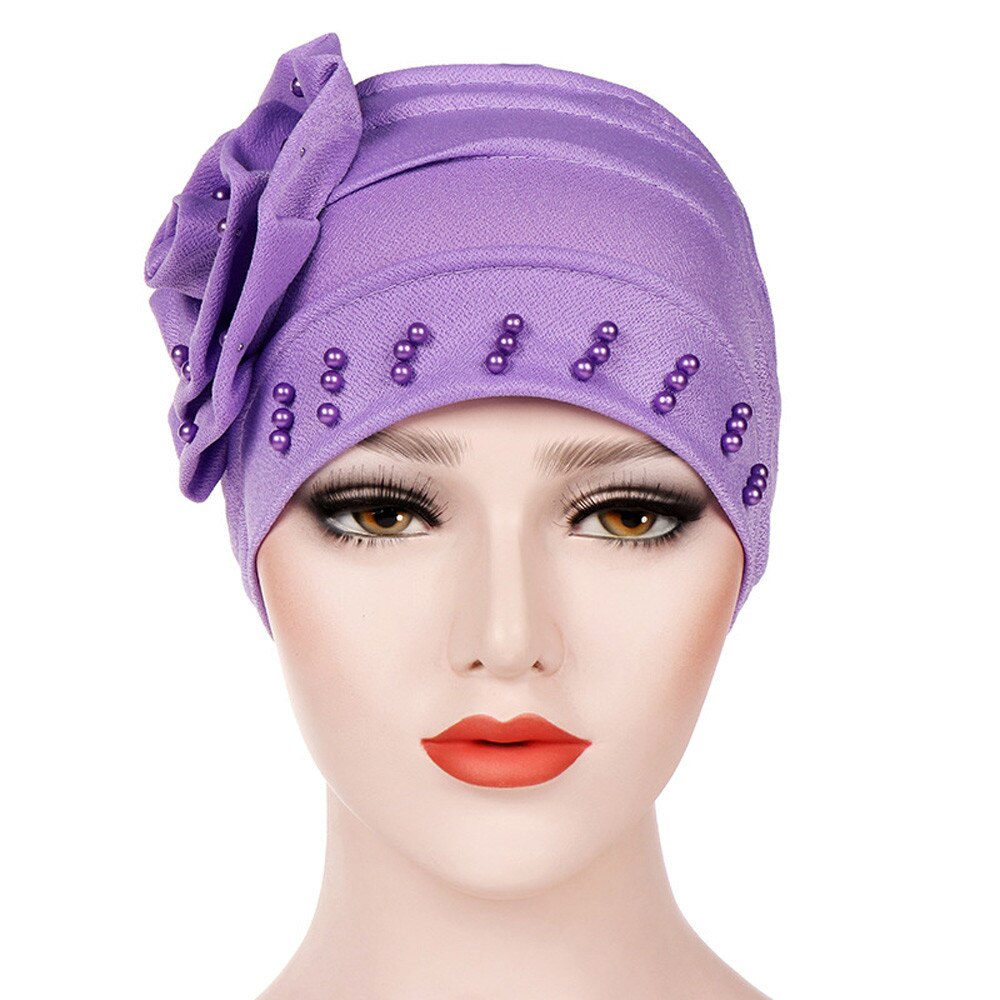 #5 Mode Vrouwen Kralen India Hoed Moslim Ruche Kanker Chemo Beanie Sjaal Tulband Cap Freeship: Purple