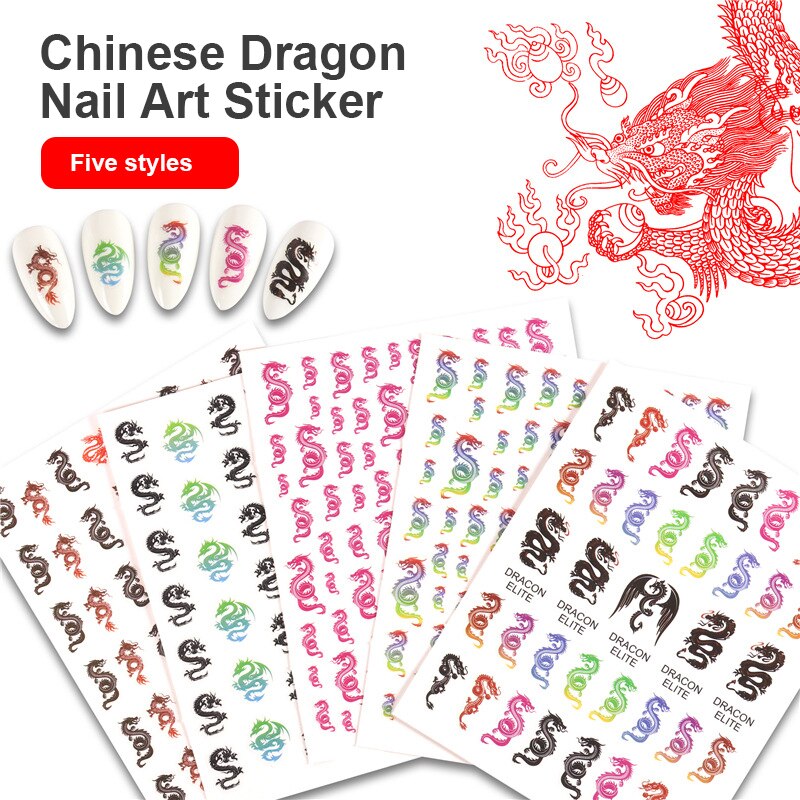 Chinese Draak Patroon Blijvende Waterdichte Kerst Nail Decal Sticker Punk Stijl Kleurrijke Diy Sticker Voor Nail Art Manicure