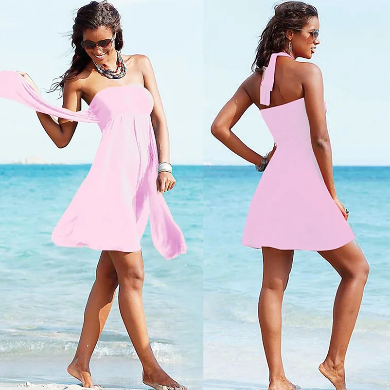 Beach Dress Cover Ups Swimsuit Swimming Sundress Beachwear Wear Pareo Crotch Tunic Woman Girl Bikini Bathing Suit Clothing VB007: M / Pink