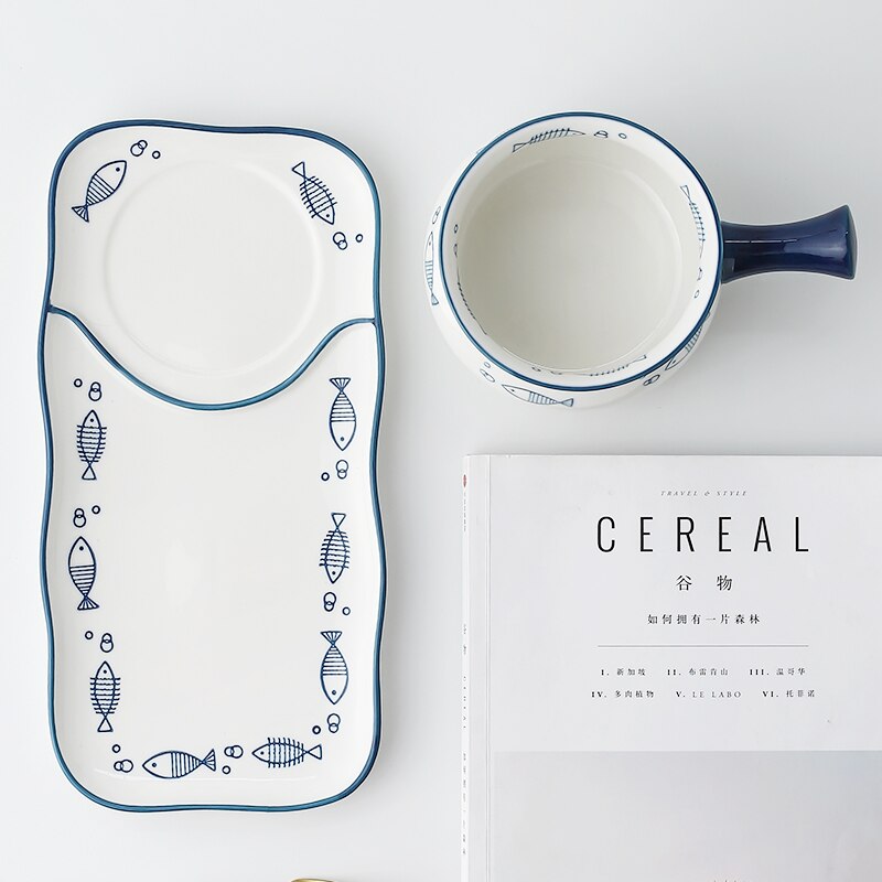Ceramic Plate Bowl Set Cute Fish Pattern Breakfast Tableware Cartoon Milk Cup Dessert Plate Creativity Japanese Bowl Dishes Set