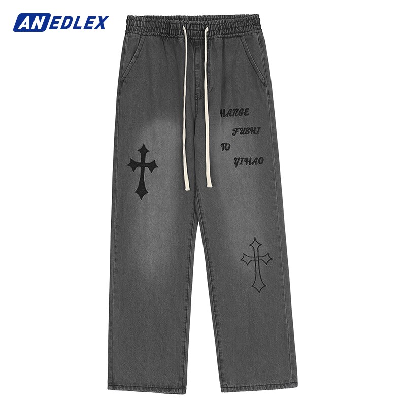 Jean noir style Hip Hop pour hommes, Streetwear, broderie de croix, Punk gothique, Baggy, pantalon en Denim, décontracté, Harajuku, 2022