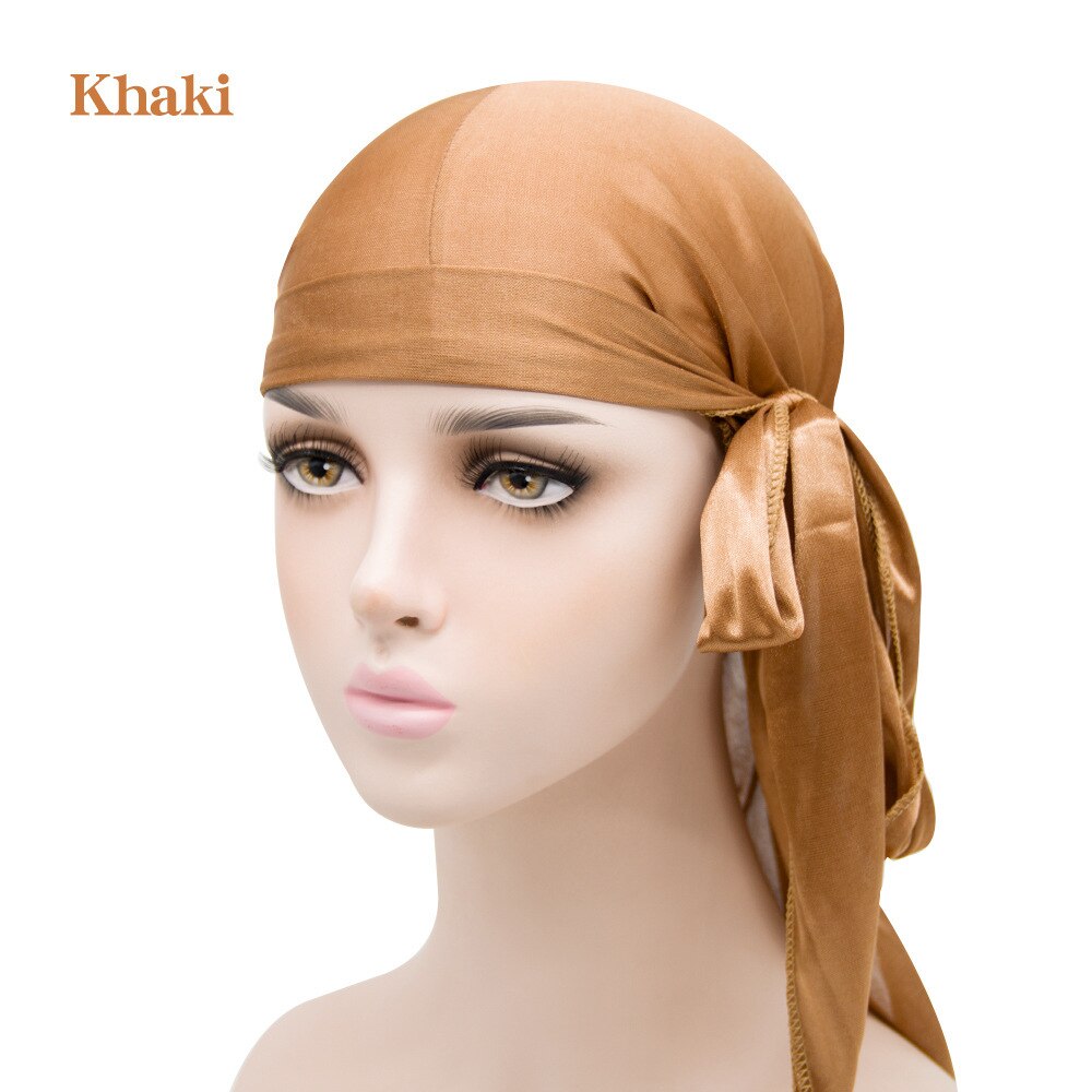 UK STOCK Unisex Men Womens Bandana Doo Durag Headwear Long Tail Soft Silk Pirate Cap Wrap outdoor cycling Durag beanie Adult Hat: Khaki