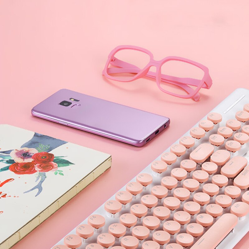 Retro Wired Gaming Keyboard and Wireless Mouse Kit Round Keycap Steampunk Keyboard Multimedia Button for PC Laptop