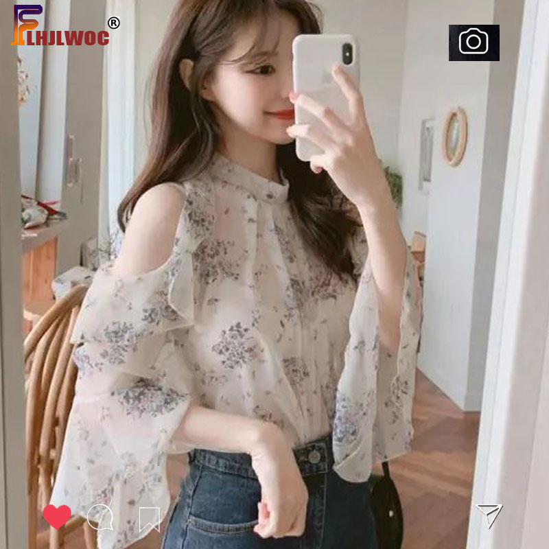 Off shoulder chica toppar utsvängda ärmar söta söta tjejer kvinnor flhjlwoc japansk korea stil blommig ihålig volang blus