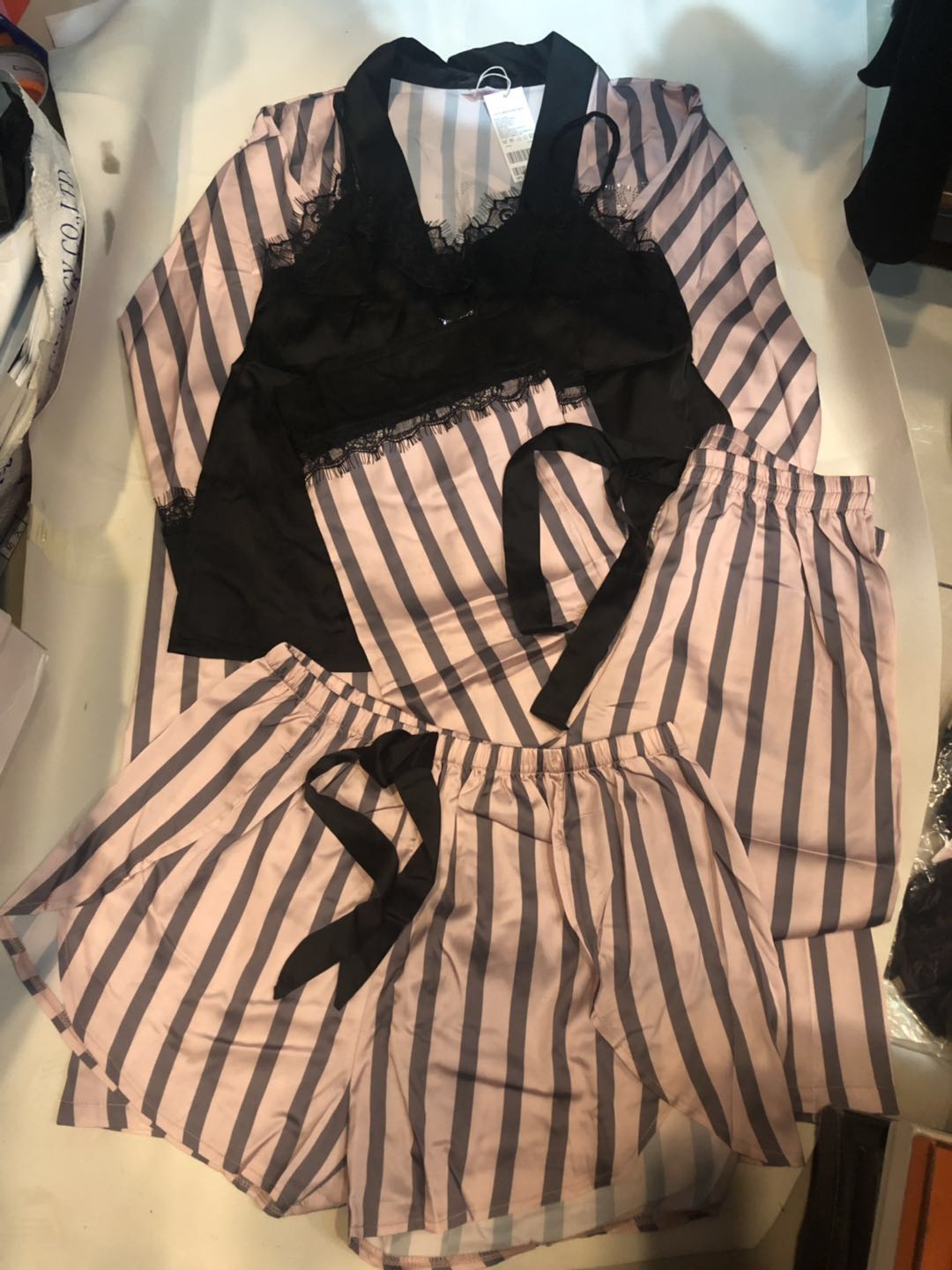 Ladies vs stripe pajamas four-piece diamond logo Wide stripes color matching Home service suit Sexy comfortable