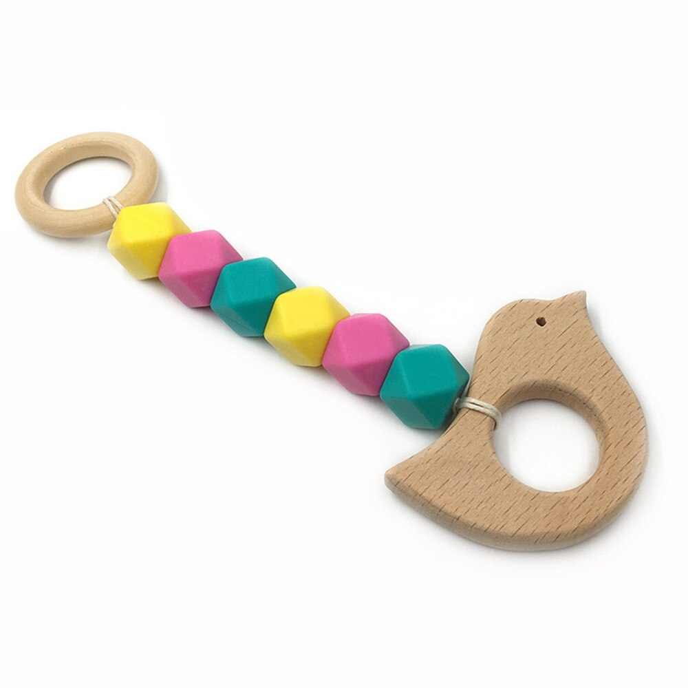 Mordedor de madera para bebé, juguete con cuentas de dentición con de ganchillo de zorro, erizo, elefante, pájaro, juguete para niños, pulsera con cadena para dentición