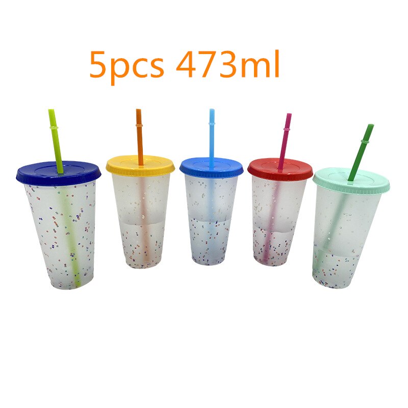 1/5 stk gennemsigtig genanvendelig vandflaske temperatur farveændrende konfetti kop med låg og halm plast kold kop sport kopper: 5 stk tilfældig