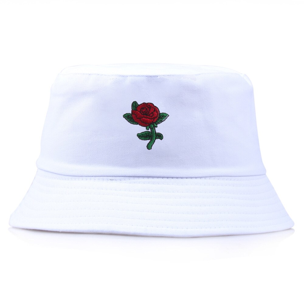Harajuku rose blomst fisker hat kvinder sommer spand hat bob kvinder mænd rose broderi fisker cap: Hvid