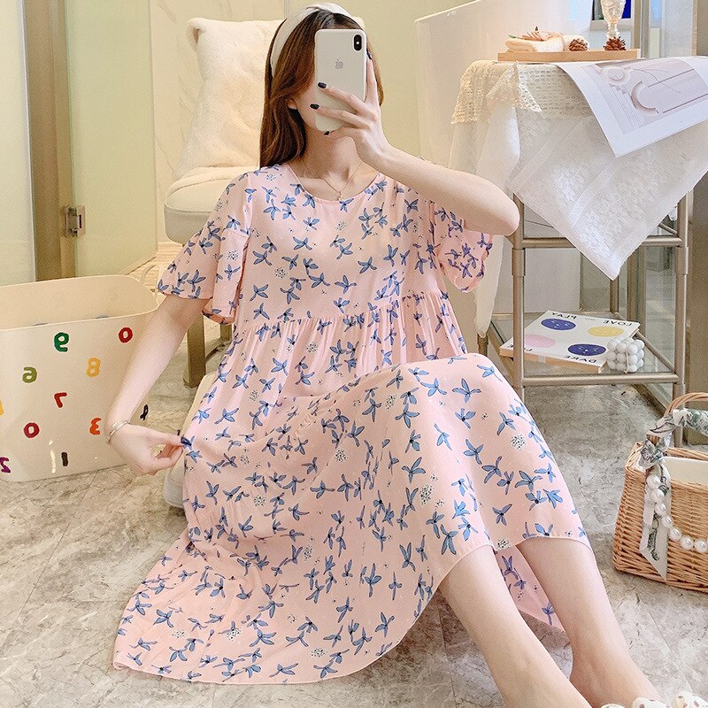 Fdfklak Gedrukt Bloemen Nacht Jurk Vrouwen Korte Mouwen Vierkante Kraag Katoen Nachtjapon Losse Comfortabele Dames Nachthemd: pink2