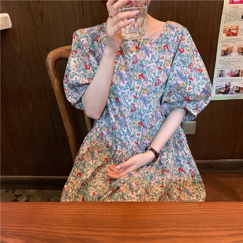 Ezgaga floral impresso vestido feminino estilo francês vintage meia manga sopro 2021 primavera verão menina terno vestidos elegantes