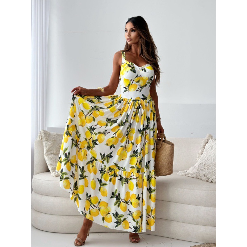2023 sommer Maxi Kleider Für Frauen Zitrone Strap Obst Druck Strap Sress Robe Elegante Kleider Für Frauen Robe Longue Femme