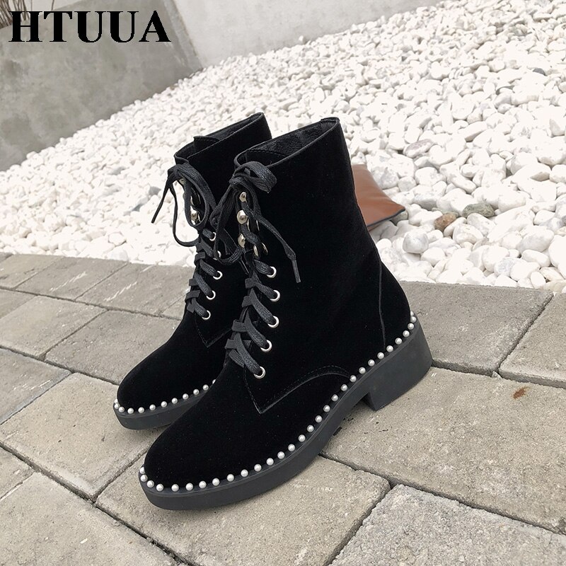 Htuua kvinnor martin boots motorcykel stövlar höst vinter skor pärla snörning mjukt läder tjock klack korta ankel boots  sx4196