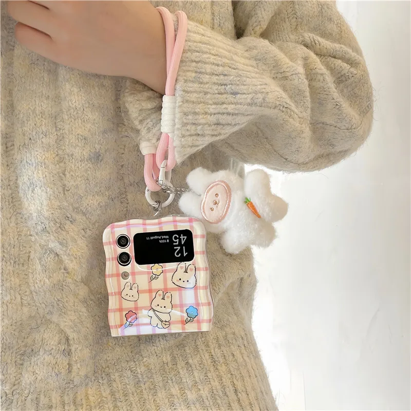 Voor Samsung Galaxy Z Flip 3 4 5 Telefoon Hoesje Cartoon Konijn Handband Golvende Rand Schokbestendige Hoes Voor Samsung Z Flip3 Flip4 Zflip5