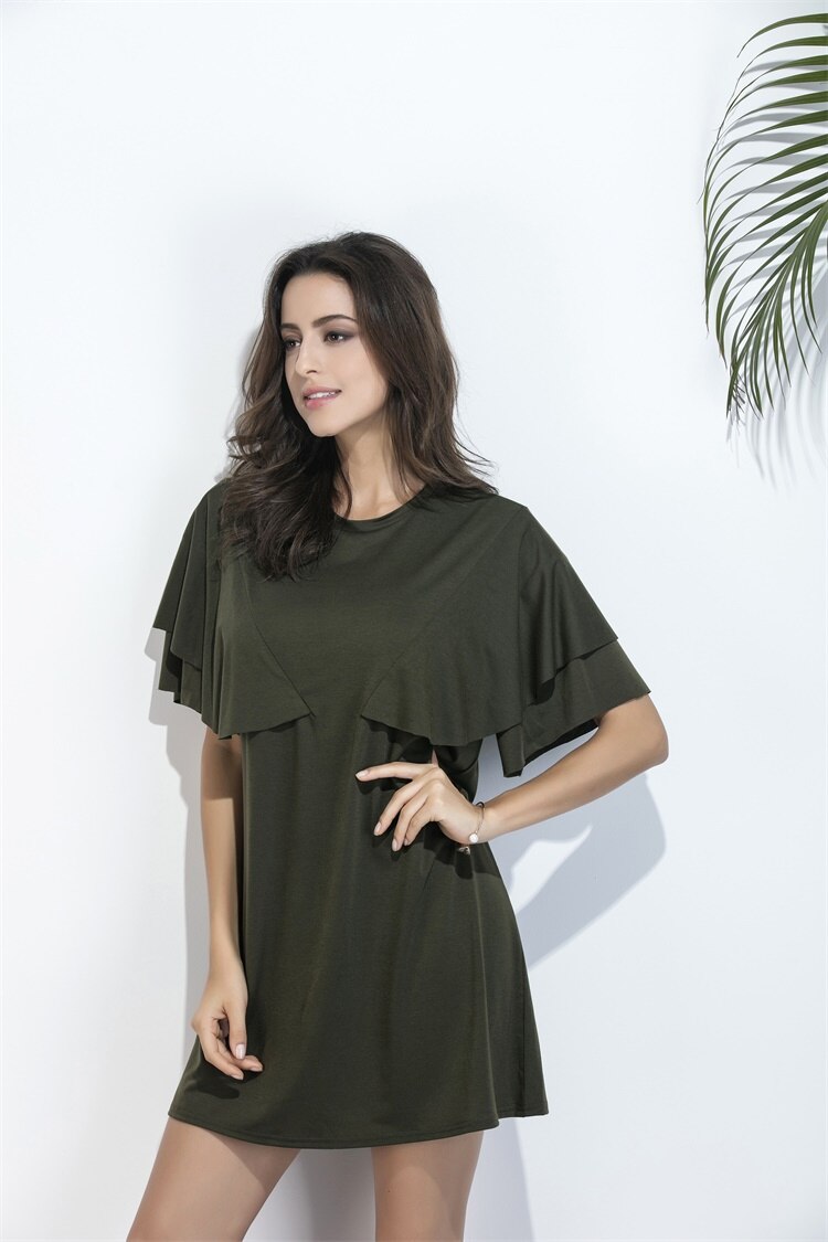 Army Green Summer Women Dress Round Neck Butterfly Sleeve Casual Loose Knitted Shift Mini Dress 1477