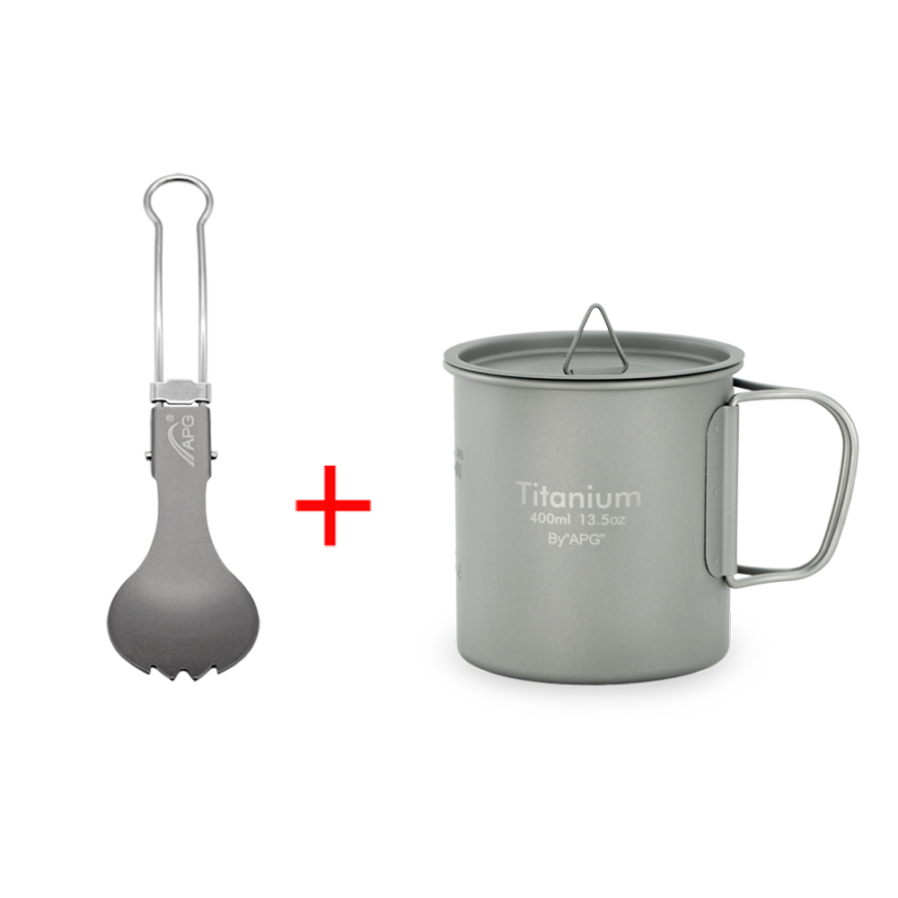 APG Ultraleicht Titan Picknick Camping Tasse Wasser Becher Faltbare Griff Topf Kaffee Tee Tasse mit Deckel: Tasse und Löffel