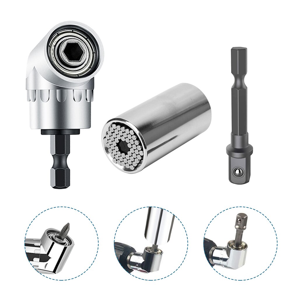 3pcs/set 7-19mm Home Universal Ratchet Socket Metric Wrench Multi-function Power Drill Adapter 105 Degree Portable Repair Metal