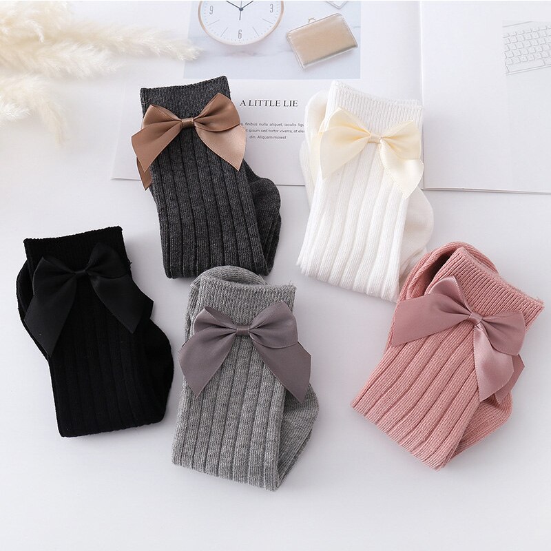Bowknot bebê meias de algodão macio crianças do bebê da menina do joelho meias altas cor sólida princesa primavera outono crianças da criança meias longas