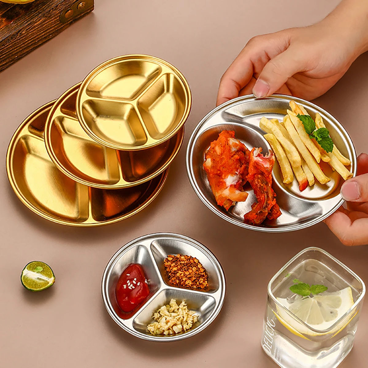 2pcs/set Korean Style Barbecue Dipping Dish Stainless Steel Circular Grid Plate Thickened Golden Sauce Dish Snack Plate