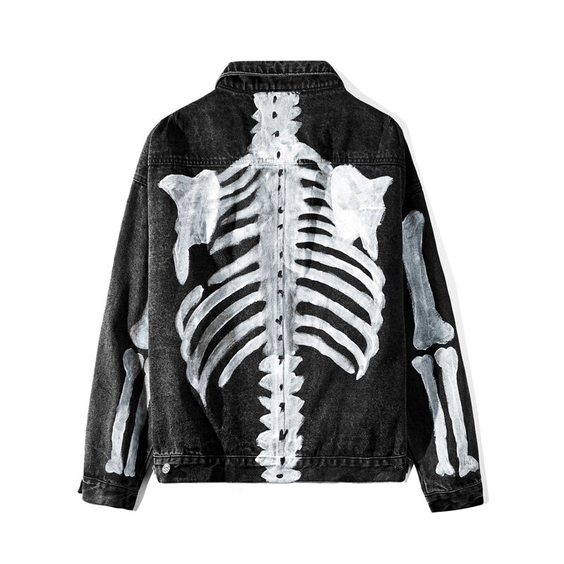 GONTHWID Graffiti esqueleto huesos imprimir chaqueta de mezclilla Streetwear hombres Hip Hop Punk Rock Jean abrigos Casual chaquetas: Black / M