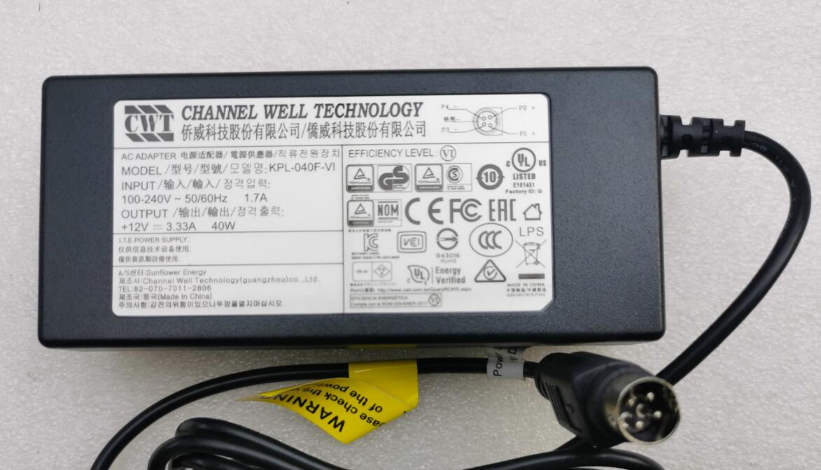 CWT 12V 3.33A 4PIN AC DC Adapter For HIKVISION Video Recorder 40W Power Supply Charger Adaptor KPL-040F-VI KPL-040F