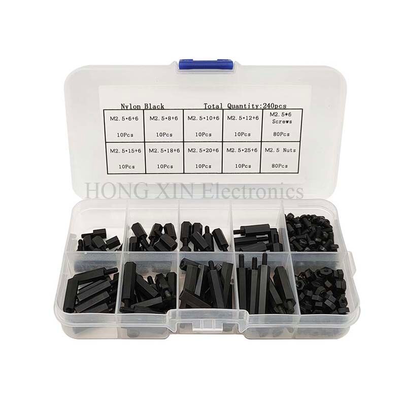 240Pcs M2.5 Black Male-Female Hex Nylon Spacers PCB Threaded Screws nuts Bolt Assortment kit set Standoff Box