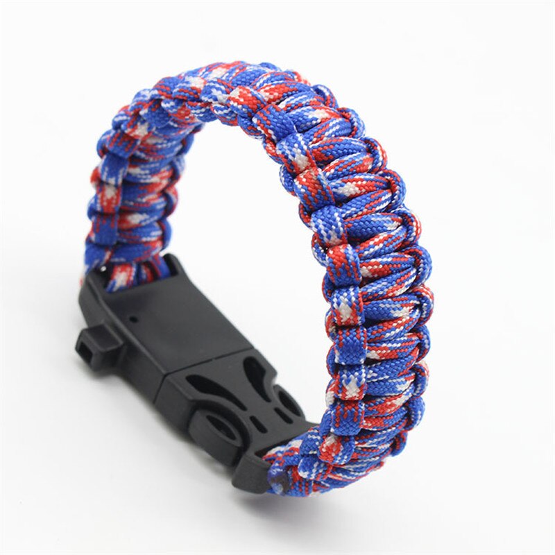 High-Jump Functional Emergency Paracord Bracelet Outdoor Survival Parachute Tool Scraper Whistle Buckle Paracord Wristband: Red Blue White