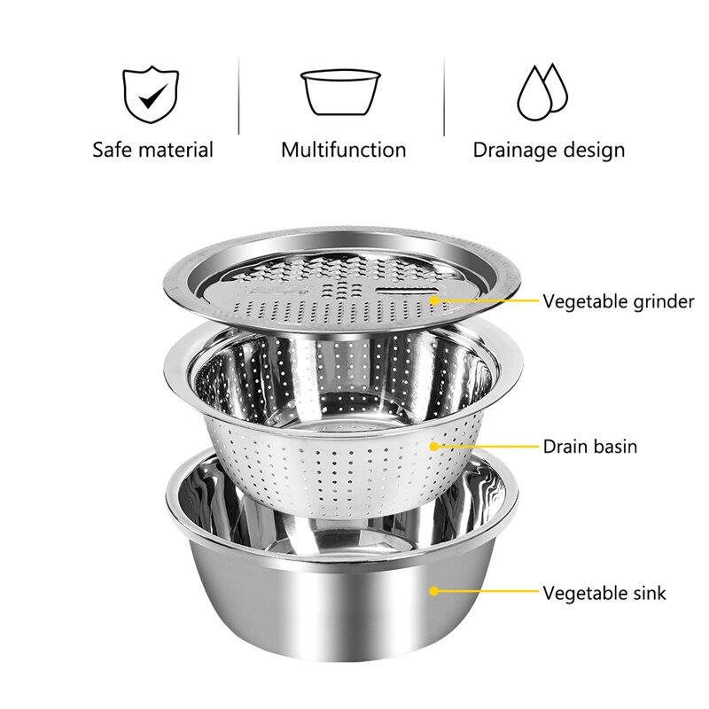 Cuenco multifuncional de acero inoxidable, rallador de verdura y fruta, rebanador, rallador, fregadero, colador de cocina, cuenco de lavado, utensilios de cocina