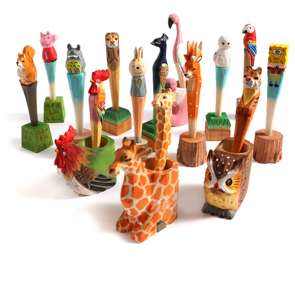 1Pc Coloffice Handmade Wood Carving Pets Animal Yellow Cat Ballpoint Pen Office Stationery School Writing Supplies