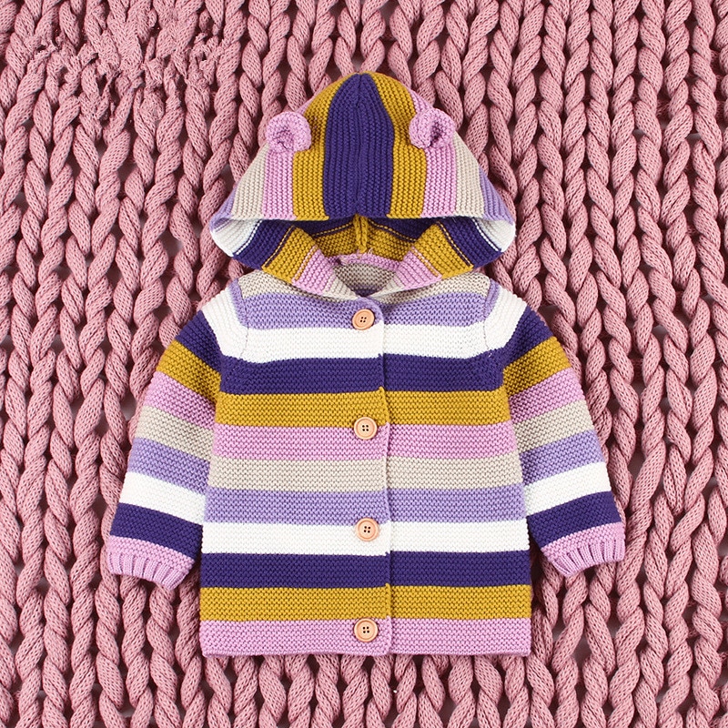 Pull à capuche à rayures colorées pour bébé garçon et fille, 3M-2T, joli Cardigan en tricot, vêtements d'automne et d'hiver
