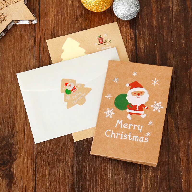 6Sets Kraft Kaarten Vrolijk Chritmas Wenskaarten Nieuwjaar Met Envelop En Xmas Tree Stickers Leuke Ontwerpen