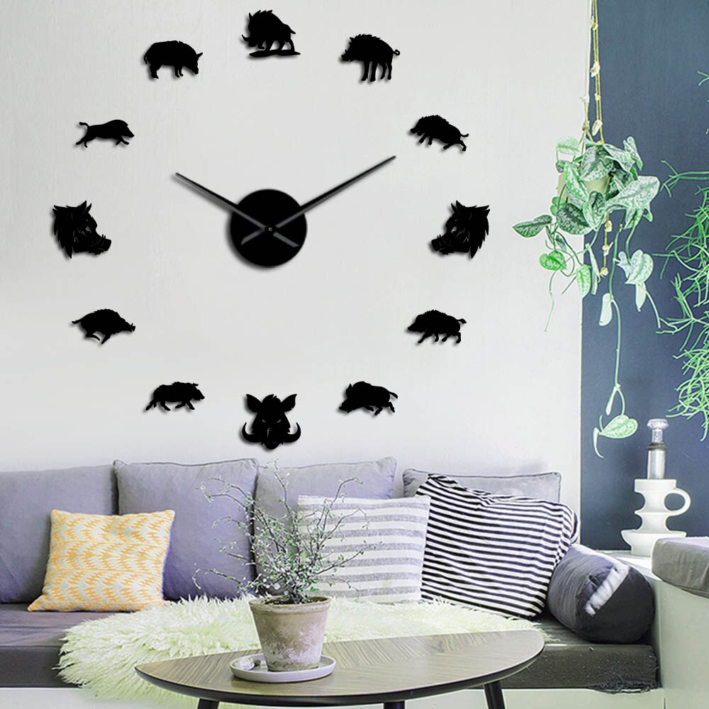 3D Sus Scrofa Wild Boar Figures Wall Art Mirror Stickers DIY Giant Mute Wall Clock Wild Pig Large Hanging Watch Hunter
