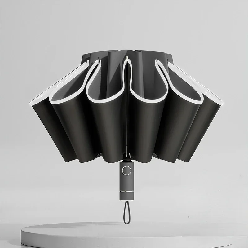 Paraguas totalmente automático para hombre y mujer, sombrilla plegable inversa con rayas reflectantes a prueba de viento y rayos UV: Rojo
