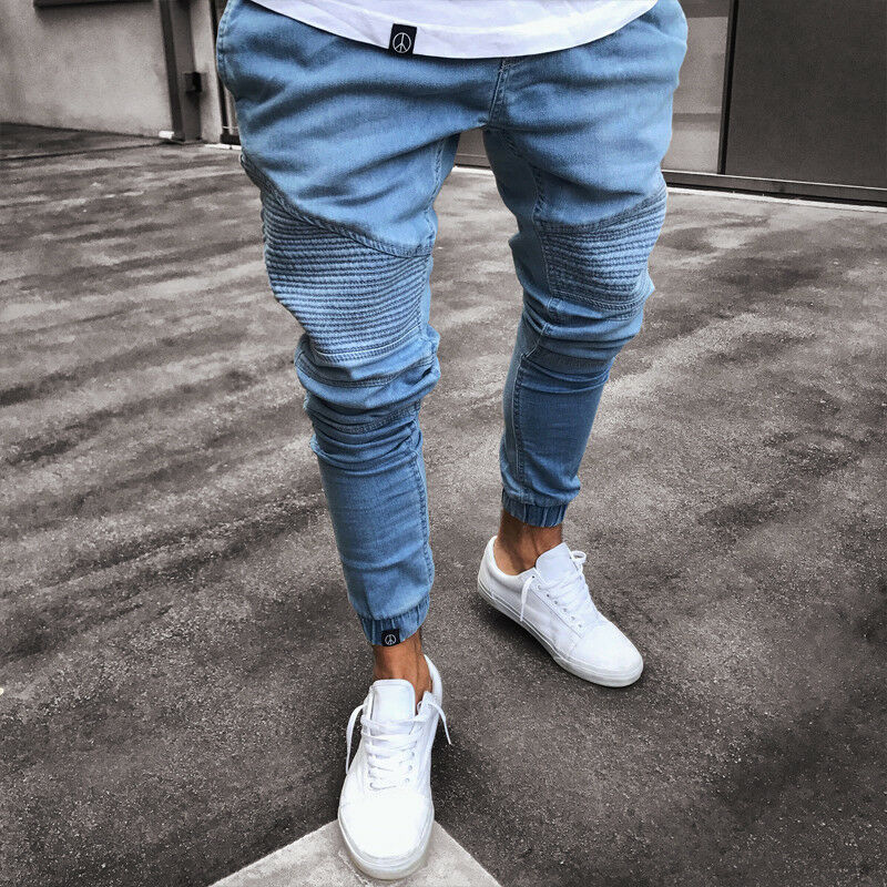 hommes déchiré jean moulant détruit effiloché mince coupe ajustée Stretch Denim pantalon fermeture éclair détruit effiloché jean mince Denim