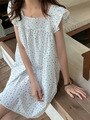 Mouwloze Zomer Nachtjapon Vrouwen Ruches Vierkante Kraag Knielange Koreaanse Kawaii Nachtkleding Japan Katoen Zoete Nacht Jurk: White and blue