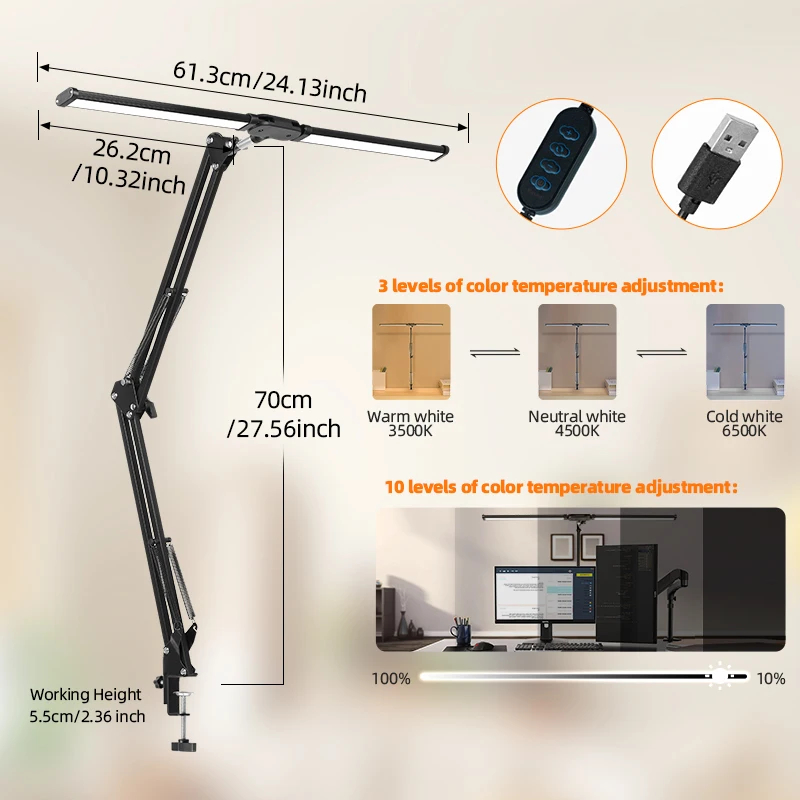Lampada da tavolo a Clip supporto per luce Monitor a Led USB 3 modalità colore e 10 luci di lettura dimmerabili per studio lampada da scrivania a doppia testa per ufficio: Black