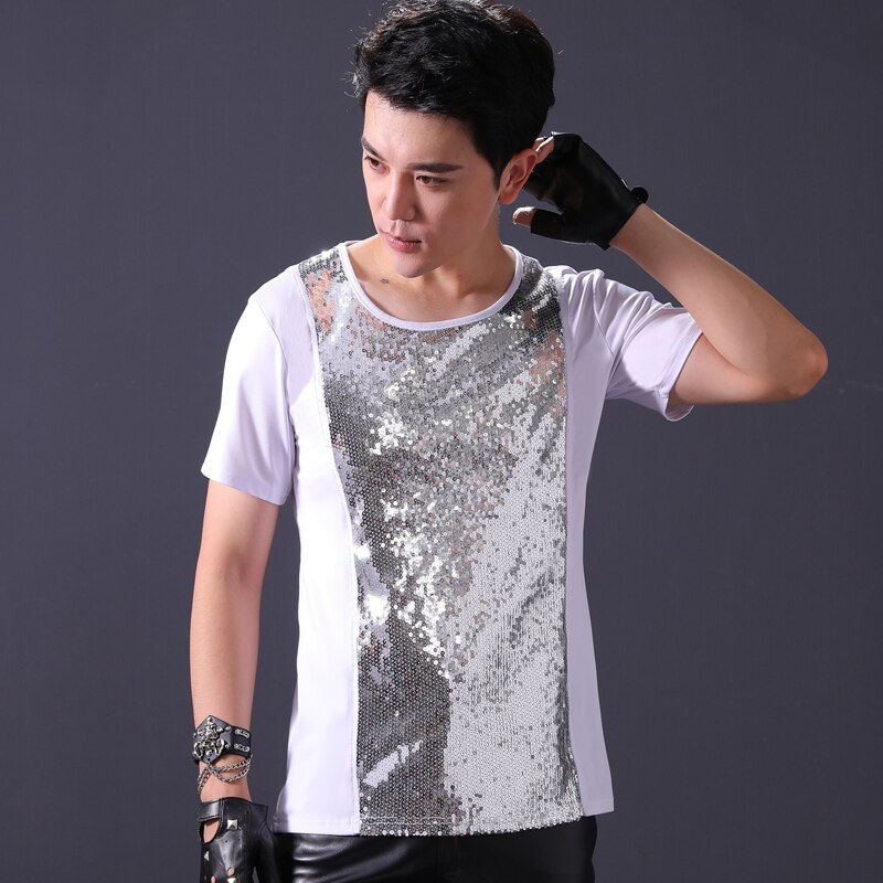 Camiseta de manga corta de lentejuelas de plata de tendencia de cantante masculino DJ de tambor de baile de discoteca de Bar