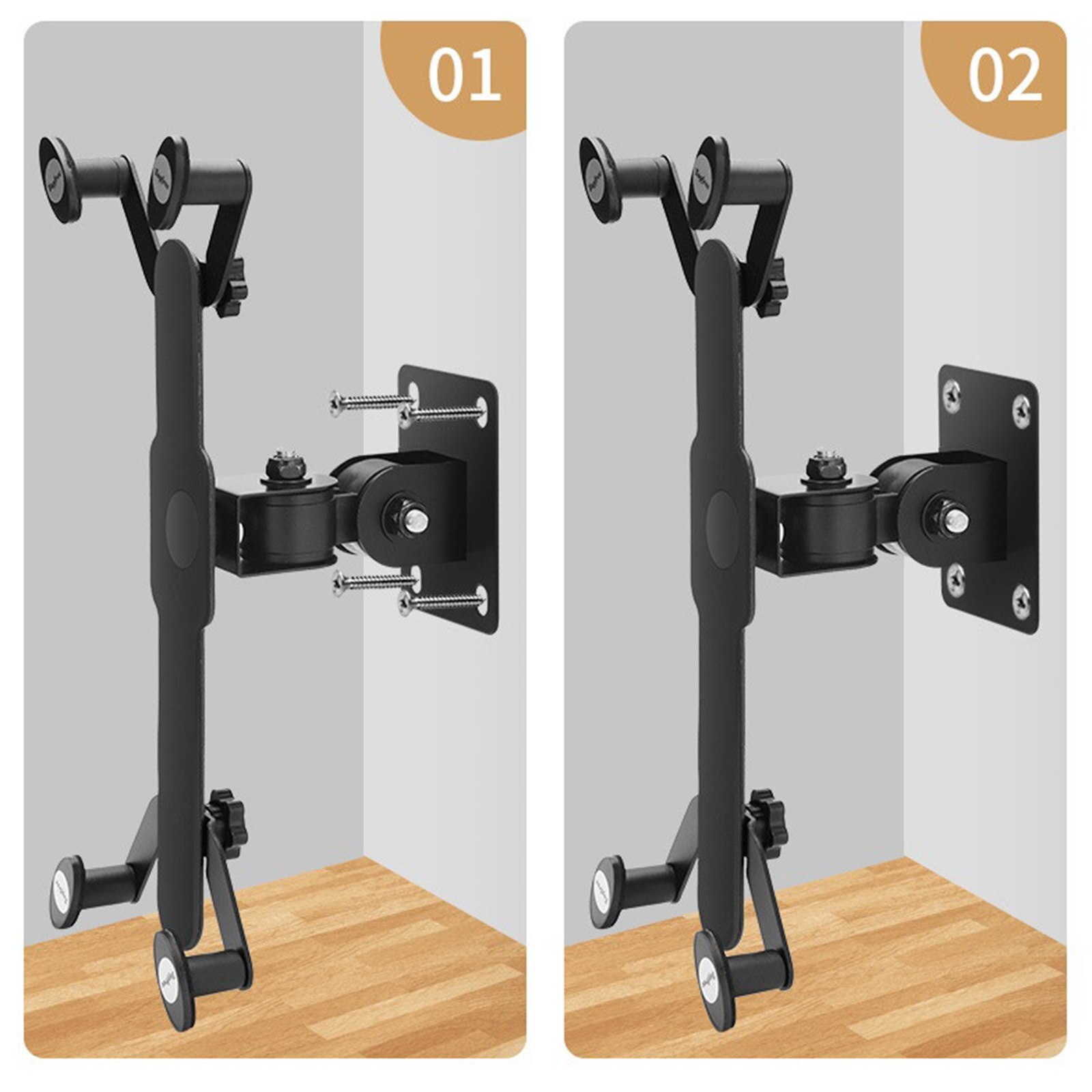Adjustable wall mount phone and tablet holder for mobile phones, ipads, and tablets on the wall; durable metal stand rack; 360 ° rotatable